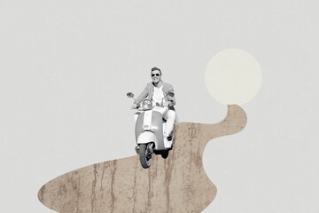Composite artwork collage image picture of guy drive scooter isolated on creative background