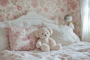 Cozy floral-themed bedroom with teddy bear decor for children's room ideas.
