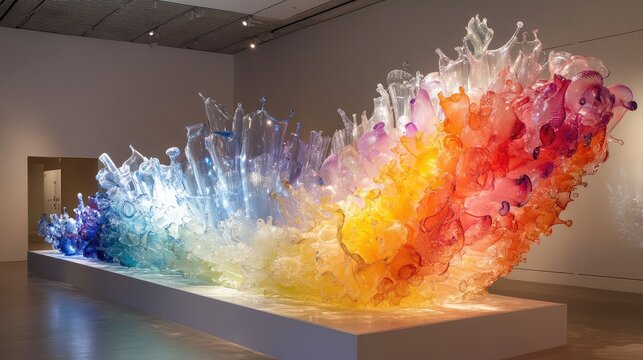 A large, colorful blown-glass sculpture resembling a coral reef, displayed in a museum, capturing light from various angles