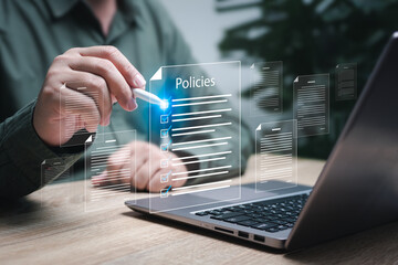 Document validation practices and policies concept, Businessman process and assess correctness document online regulations and legal corporate policy, Checklist, Conditions,Quality inspection