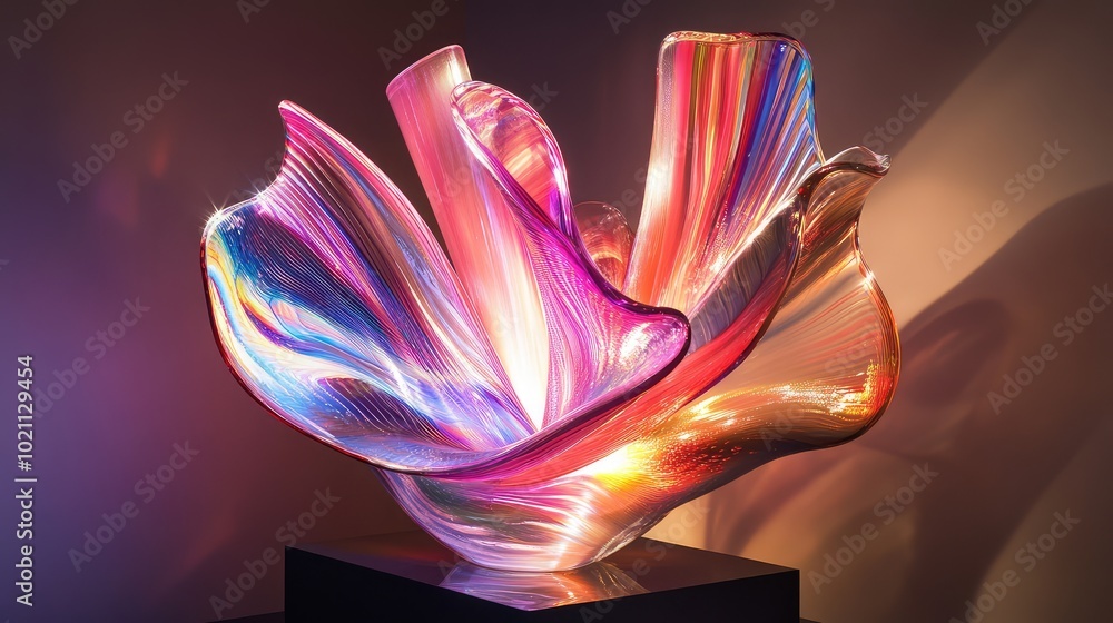 Poster a dynamic abstract glass sculpture in a burst of vibrant colors, illuminated from below, creating a 