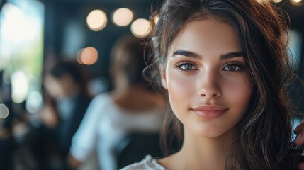 Fototapeta premium Beautiful and Thoughtful Young Woman with Elegant Makeup and Hairstyle in Urban Setting