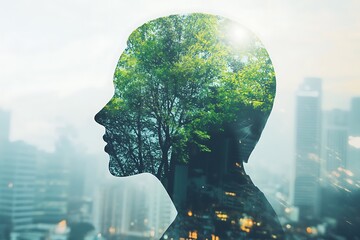 A silhouette of a human head blending with trees and a city skyline, symbolizing the deep connection between urban life and nature in the pursuit of sustainable development.