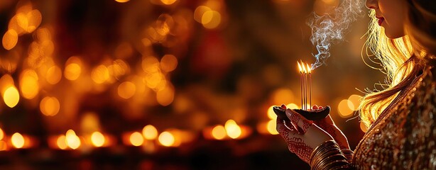 A woman in traditional Indian attire lighting incense sticks during a Diwali puja, with the soft glow of diyas and festive decorations in the background