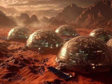 Futuristic Mars colony with geodesic domes under a dusty, reddish sky, showcasing new possibilities for human habitation in space.
