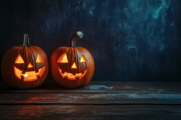 Illuminated Halloween Carved Pumpkins on wooden table. Holiday background. with generative ai