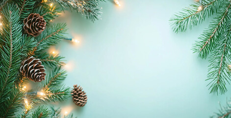 Festive Christmas background with pine branches and lights