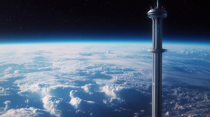 Futuristic space elevator stretching from Earth into space above a sea of clouds.