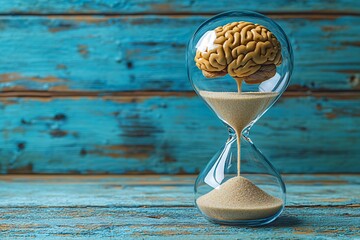 A glass hourglass containing a brain symbolizes mental health awareness. Ideal for Mental Health Day campaigns, discussions on cognition, and time management workshops.