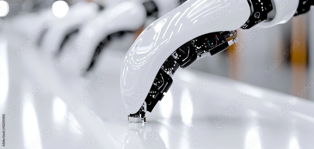 Poster robotic arms integrating components into an assembly line, seamless mass production process