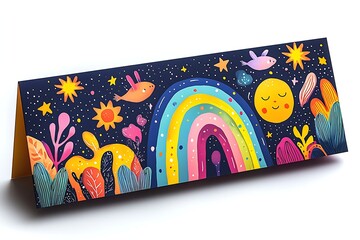 A colorful illustration of a rainbow, stars, and a moon in the sky with a whimsical, fairytale feel.