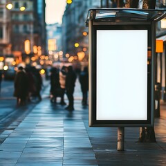 A blank advertisement billboard on a city sidewalk with pedestrians and streetlights in the background.