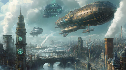 A steampunk cityscape where airships and clockwork contraptions navigate between towering smokestacks and ornate clock towers. illustration. Starship Dock. Illustration
