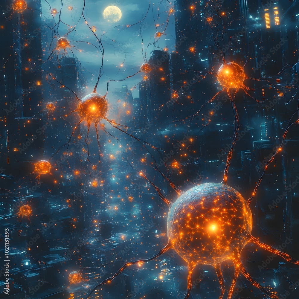 Poster captivating digital painting depicting an interwoven matrix of glowing neural impulses a complex neu
