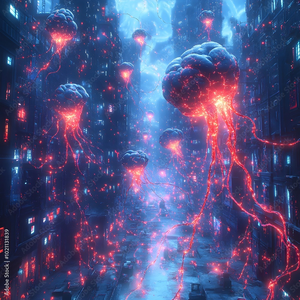 Poster pulsating neural network composition of mesmerizing luminous pathways in vibrant cityscape highly de