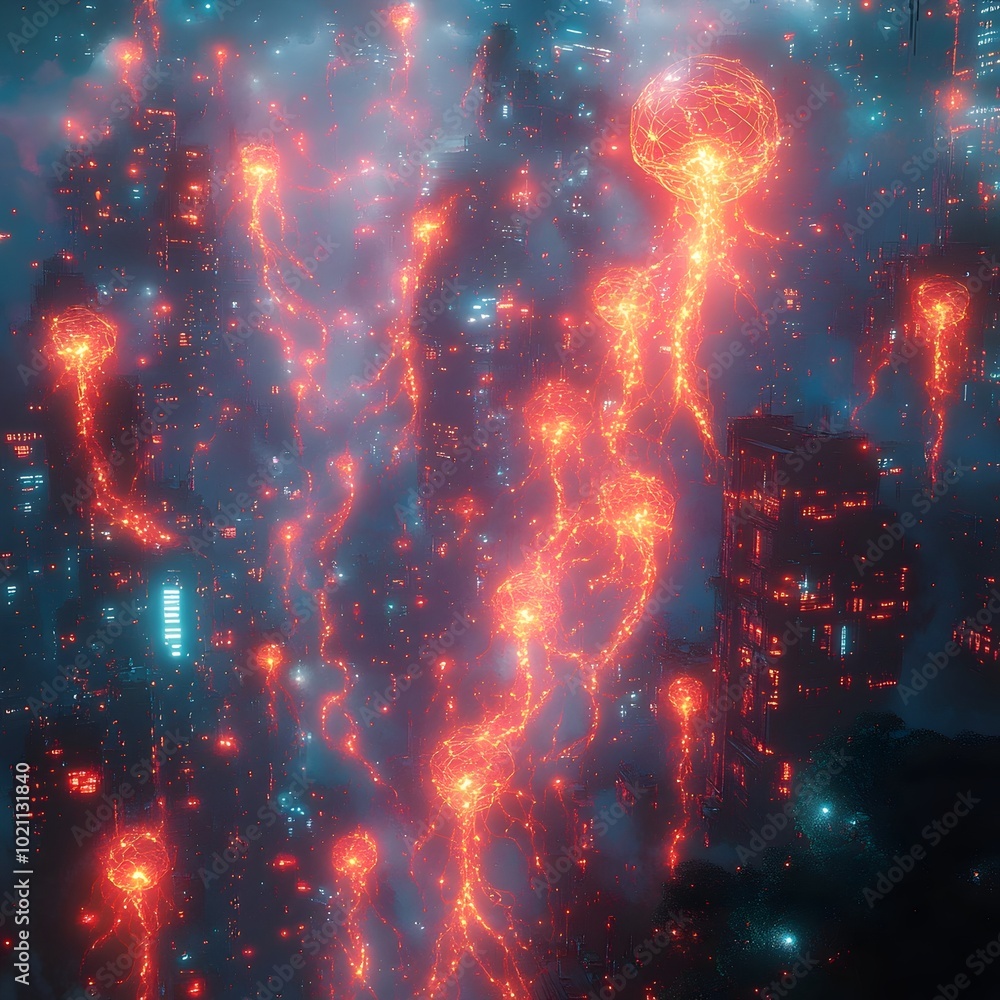 Poster Mesmerizing highly detailed and intricate neural network with pulsating glowing strands of energy intertwining in a captivating display of vibrant luminous
