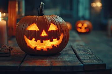 Illuminated Halloween Carved Pumpkins on wooden table. Holiday background. with generative ai