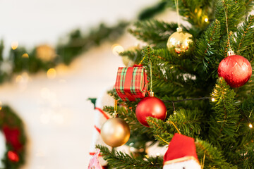 Background of decoration on Christmas tree for winter festive holidays