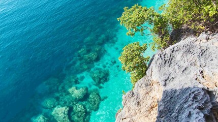 Fototapeta premium Serene Andaman Sea Paradise: Stunning Aerial View of Turquoise Waters and White Sands from Cliffside in Unseen Thailand - Ultra Detailed Photography