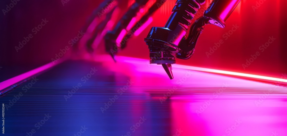 Poster robotic arms integrating components into an assembly line, seamless mass production process