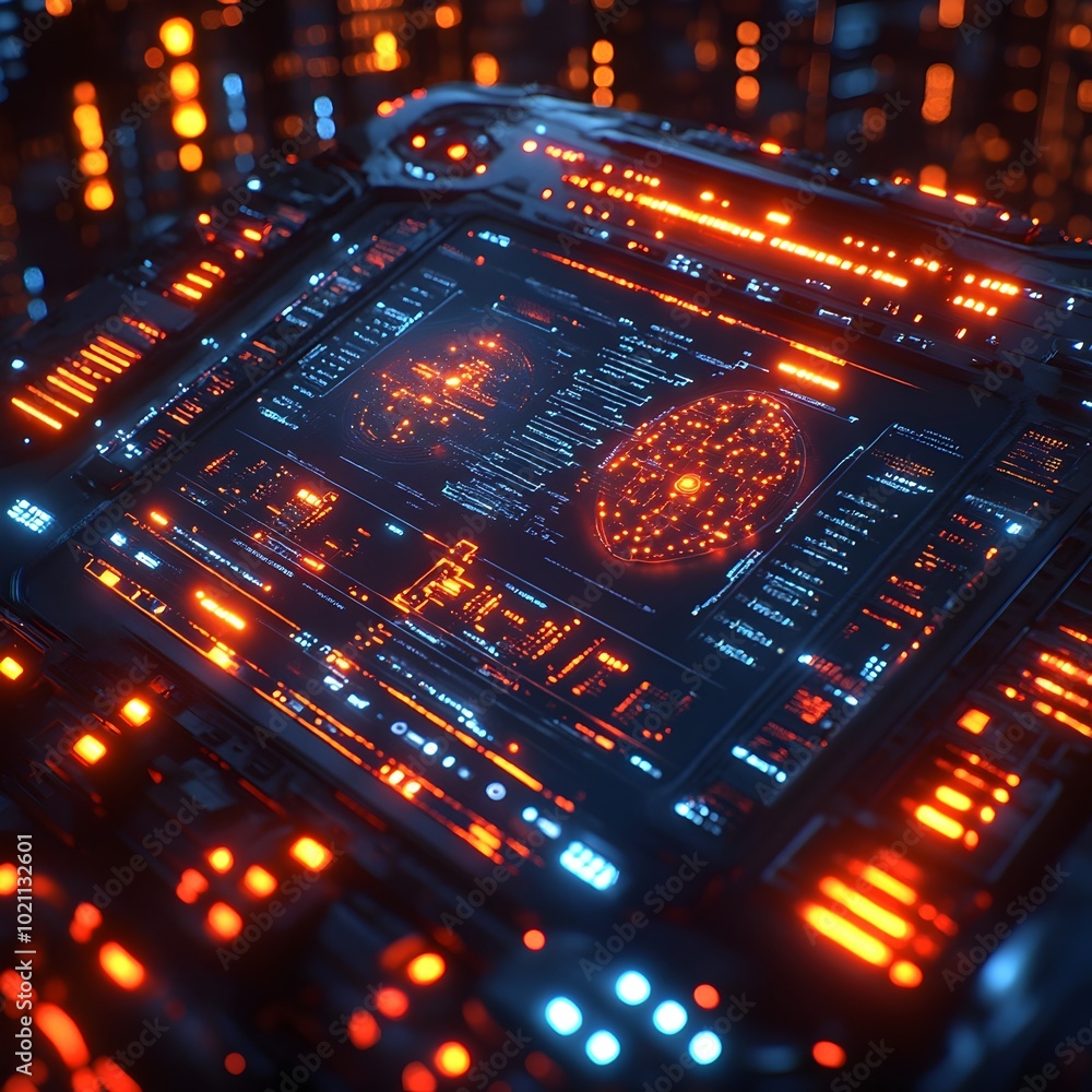 Poster sleek metallic surface with holographic biotechnology visualizations futuristic neon lit interface i