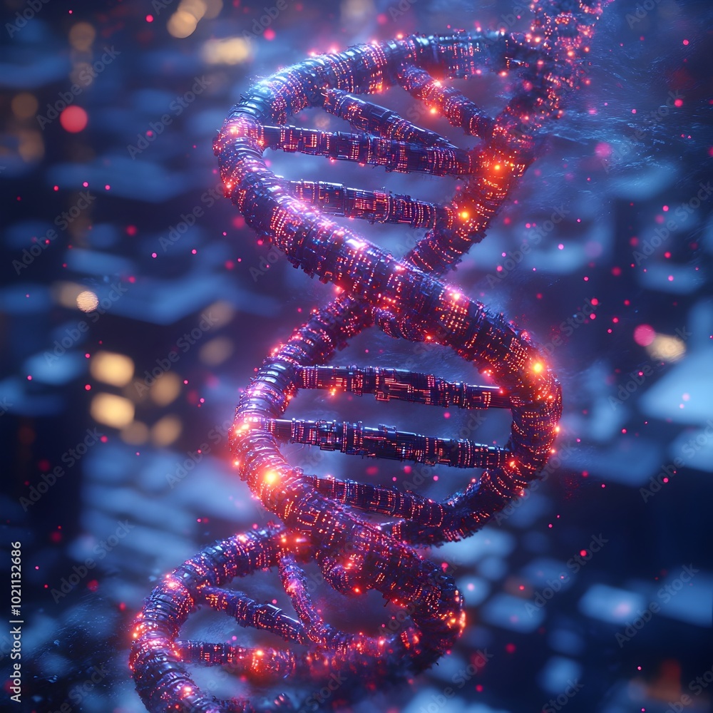 Poster Luminous and glowing neon biotech interface with intricate DNA strands intertwined with sleek and cutting edge digital circuit board elements  futuristic urban cityscape backdrop