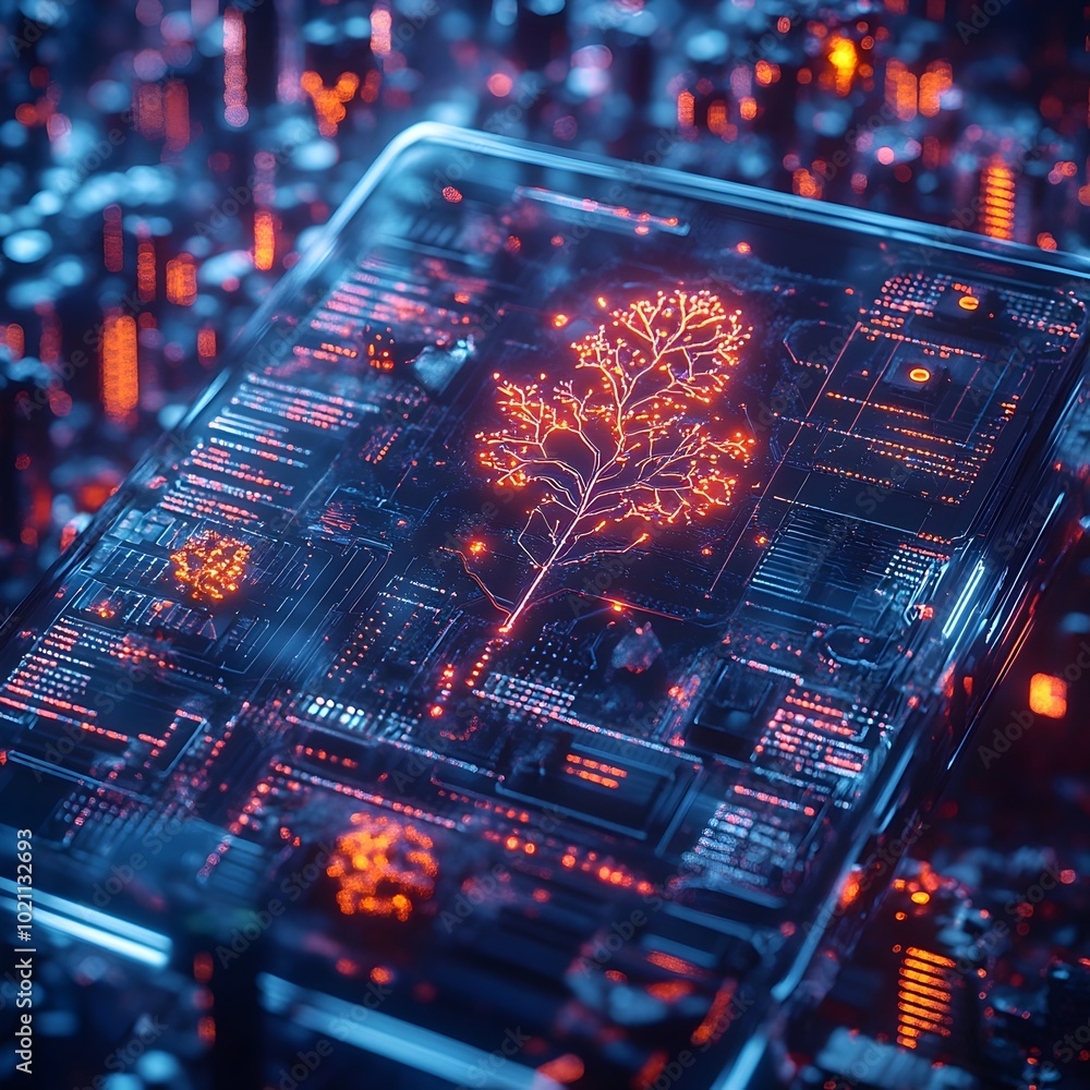 Poster Sleek metallic surface with holographic biotechnology visualizations futuristic neon lit interface intricate circuitry patterns glowing data streams vibrant digital color palette cinematic inspired