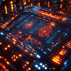 Obraz premium Sleek metallic surface with holographic biotechnology visualizations futuristic neon lit interface intricate circuitry patterns glowing data streams and a vibrant digital color palette