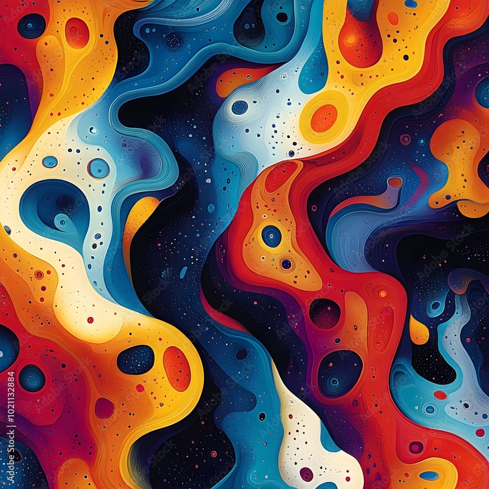 Poster Vibrant intricate abstract pattern of winding organic shapes and forms resembling advanced genetic engineering processes with a vivid saturated color palette