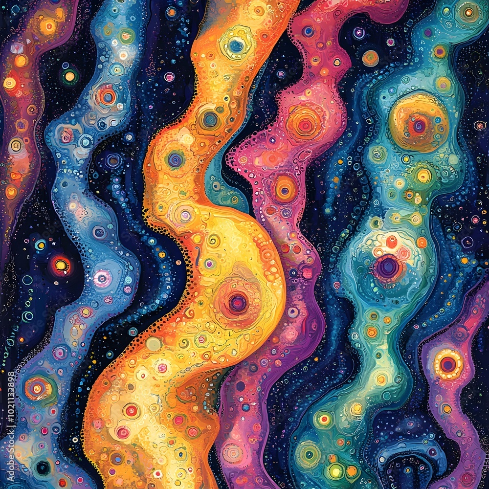 Poster Vibrant intricate abstract pattern of winding organic shapes and forms resembling advanced genetic engineering processes with a vivid saturated color palette