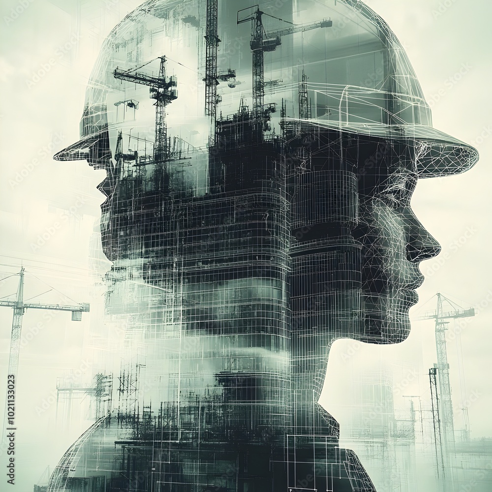 Poster futuristic engineering project for a visionary architectural design featuring silhouettes of workers
