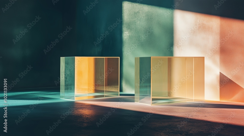 Aufkleber abstract display of multi-colored glass structures illuminated by natural light in a contemporary in