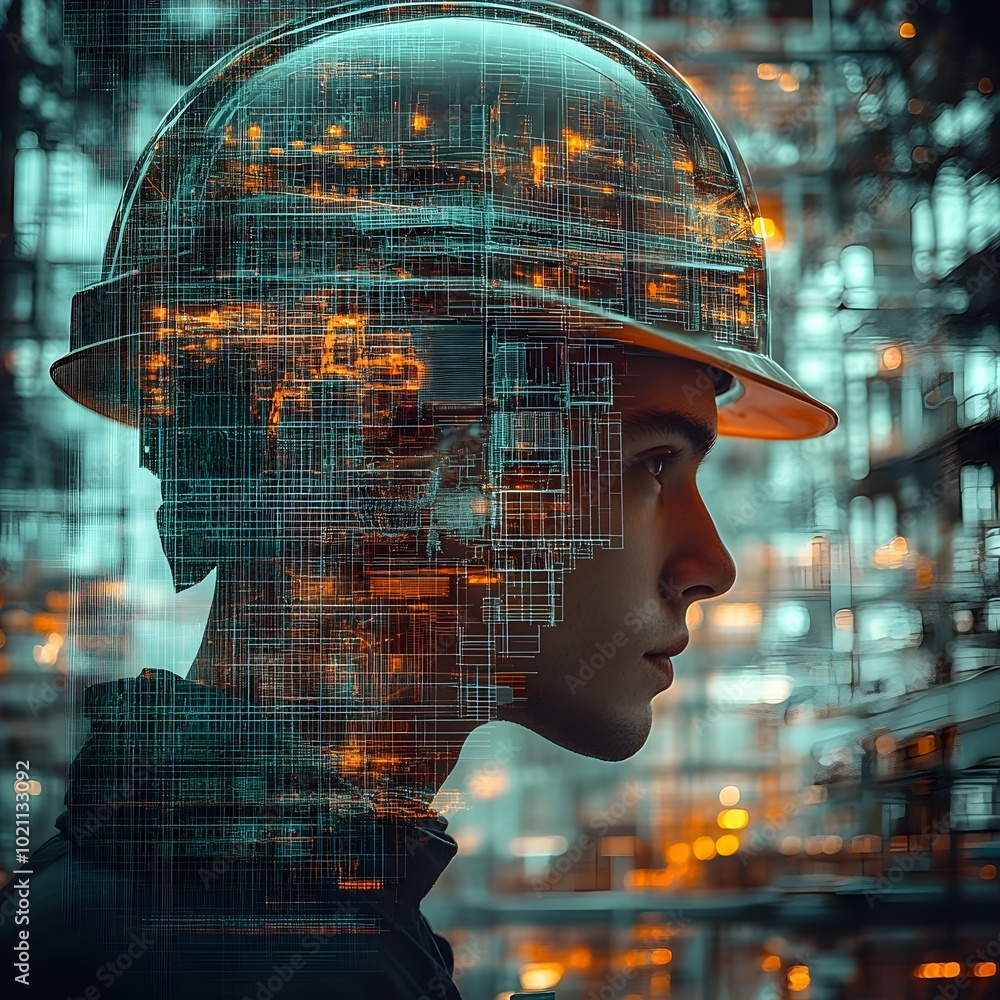Aufkleber visionary engineering project for a futuristic building featuring a double exposure graphic design w