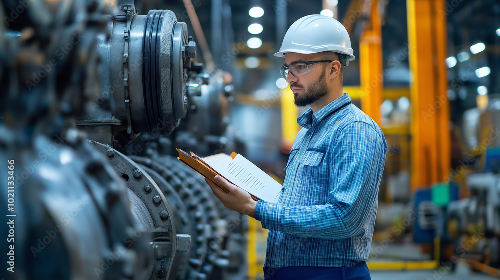 Poster a factory engineer in uniform working in an industrial plant in production using technology. an auto