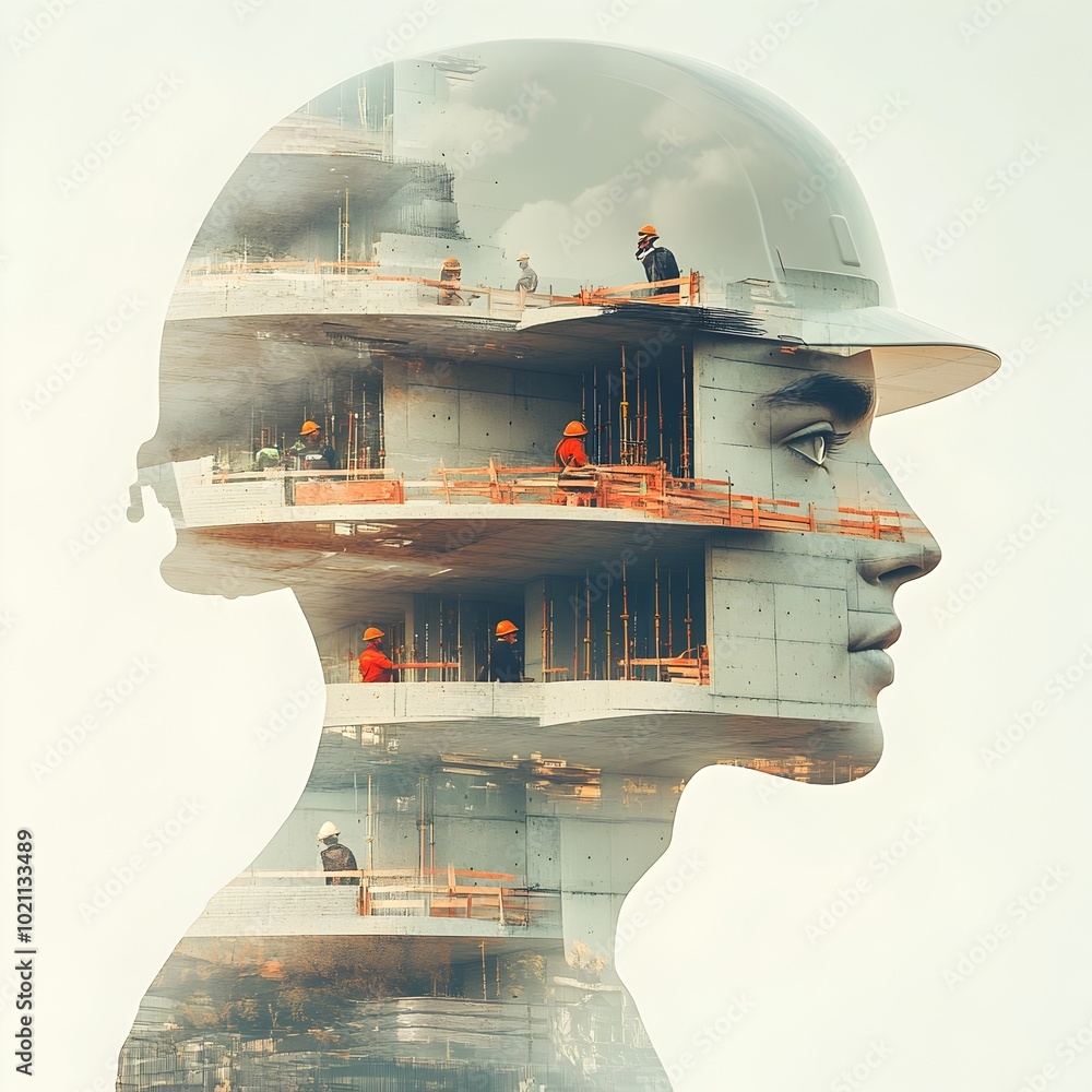 Poster conceptual futuristic building development with double exposure surreal composition