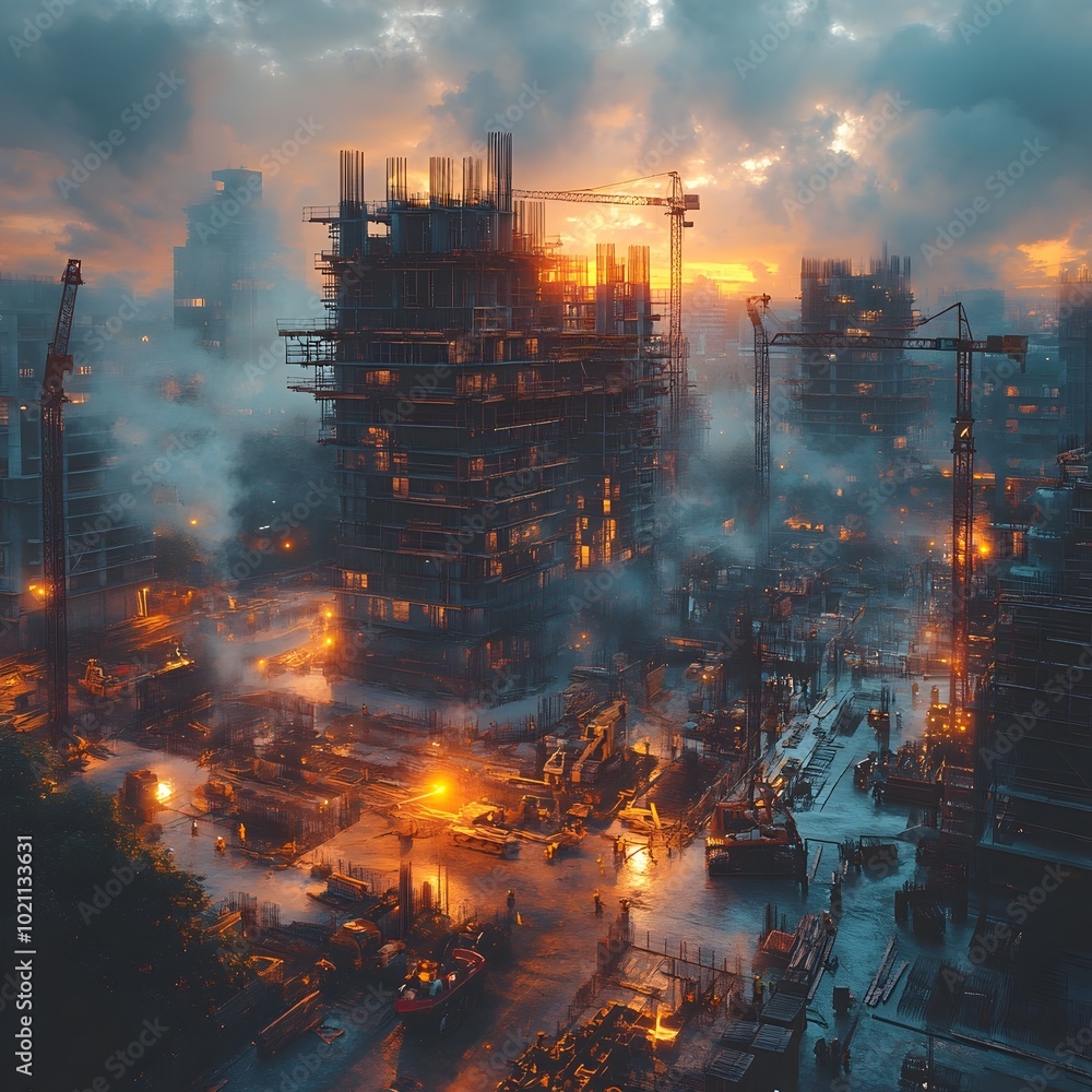Poster ambitious architectural rendering showcasing a large scale building engineering project with towerin