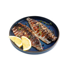 Plate with delicious grilled mackerel, thyme, peppercorns and lemon isolated on white