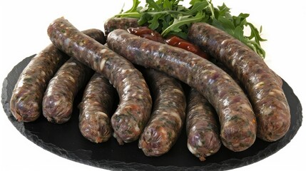 Fototapeta premium Sausages with ketchup and lettuce on a black slate plate