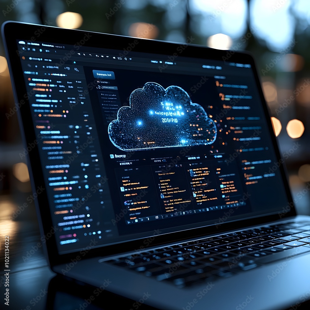Leinwandbilder Close up view of a clean and minimalist cloud computing interface displayed on a laptop screen showcasing the process of uploading files to remote servers with ample storage space