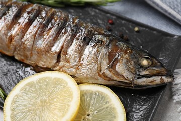Delicious grilled mackerel and lemon on grey table, closeup