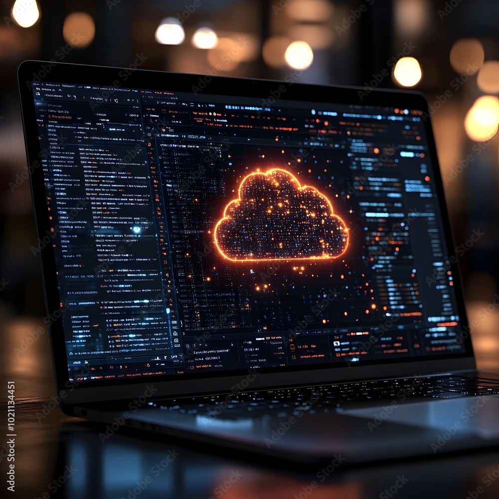 Poster Detailed shot of a cloud computing platform displayed on a laptop showcasing the seamless file transfer to distant storage servers with abundant capacity crisp photographic clarity