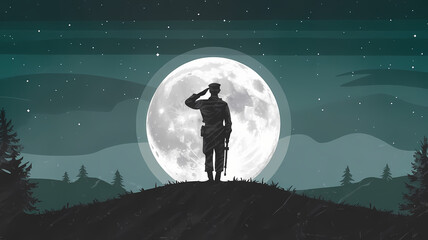 A silhouette of a soldier in salute, standing tall on a hill against the backdrop of a full moon.