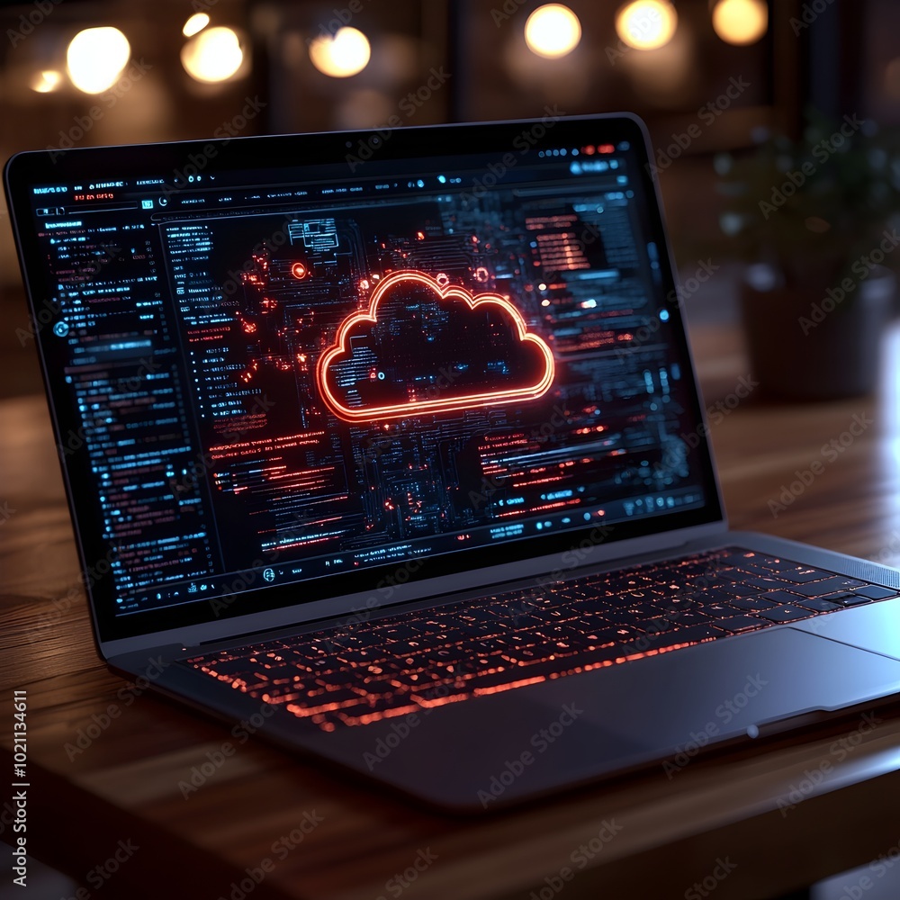 Fototapete Close up view of a laptop screen displaying a sleek and modern cloud computing dashboard featuring effortless file transfers to sprawling digital storage networks a techno organic user interface