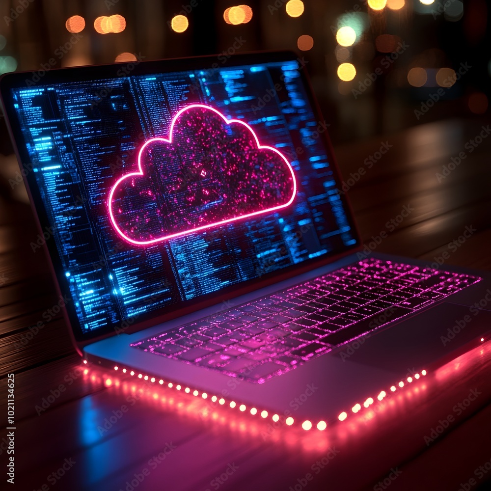 Poster Close up of a laptop screen showcasing a sleek cloud computing dashboard effortless file transfers to sprawling digital storage networks