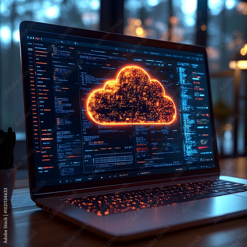 Fototapete Macro view of a cloud computing dashboard on a laptop displaying the seamless uploading of documents to vast remote data repositories with a minimal and clean interface design