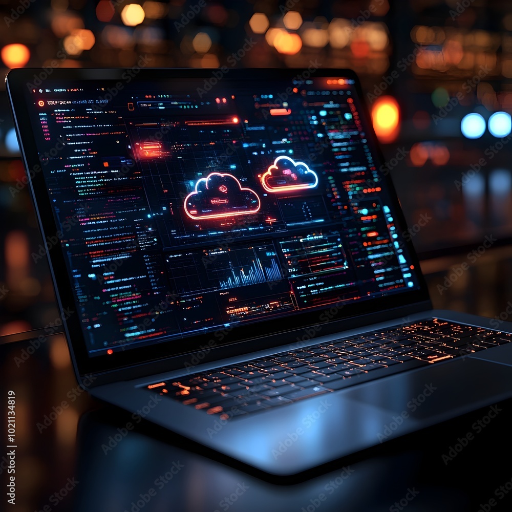 Leinwandbilder Seamless Cloud Computing for Efficient Data Storage and Management on Sleek Digital Devices  Showcasing the smooth of data to distant servers with expansive capacity cutting edge digital technology