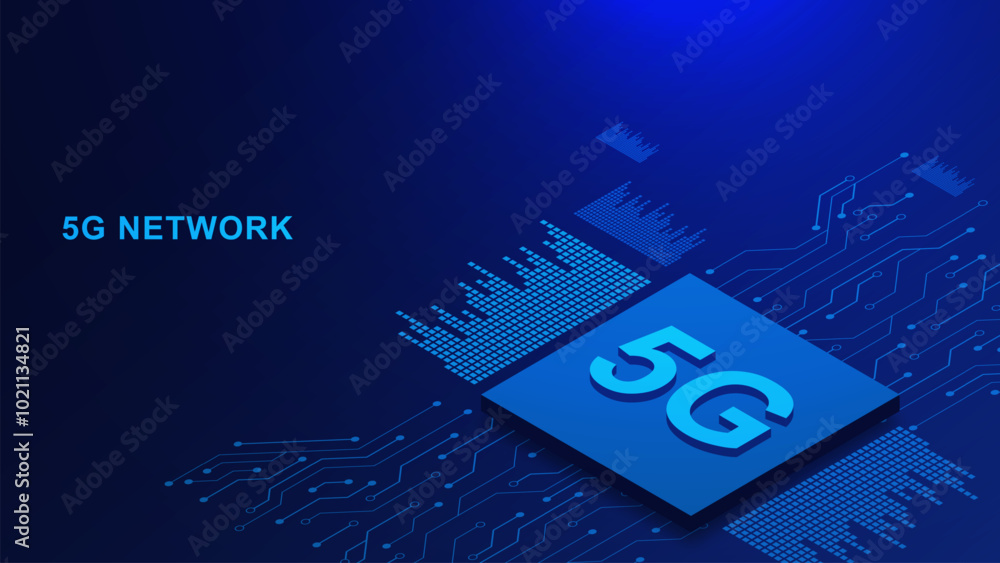 Poster 5g network with microchip and electronic circuit board isometric. wireless systems and internet tech