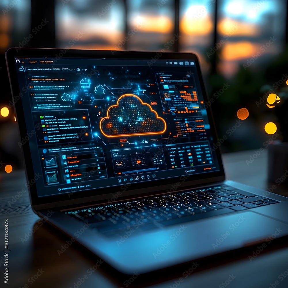 Leinwandbilder Detailed snapshot of a cloud computing dashboard on a laptop illustrating the efficient process of migrating files to extensively provisioned remote servers featuring a modern digital interface