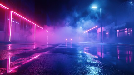 Glowing Neon Lit Cityscape Shrouded in Misty Fog at Night Reflecting on Wet Street