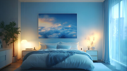 Bedroom Interior Design with Blue Walls and a Cloud Illustration